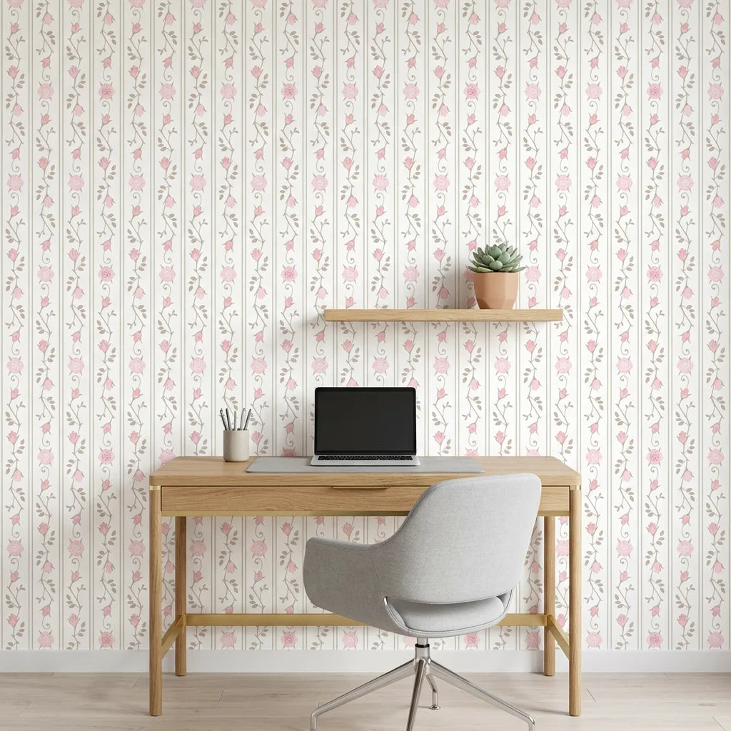 Blush Trellis soft pink roses on warm white as a feature wall in a bright home office