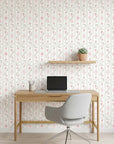Blush Trellis soft pink roses on warm white as a feature wall in a bright home office