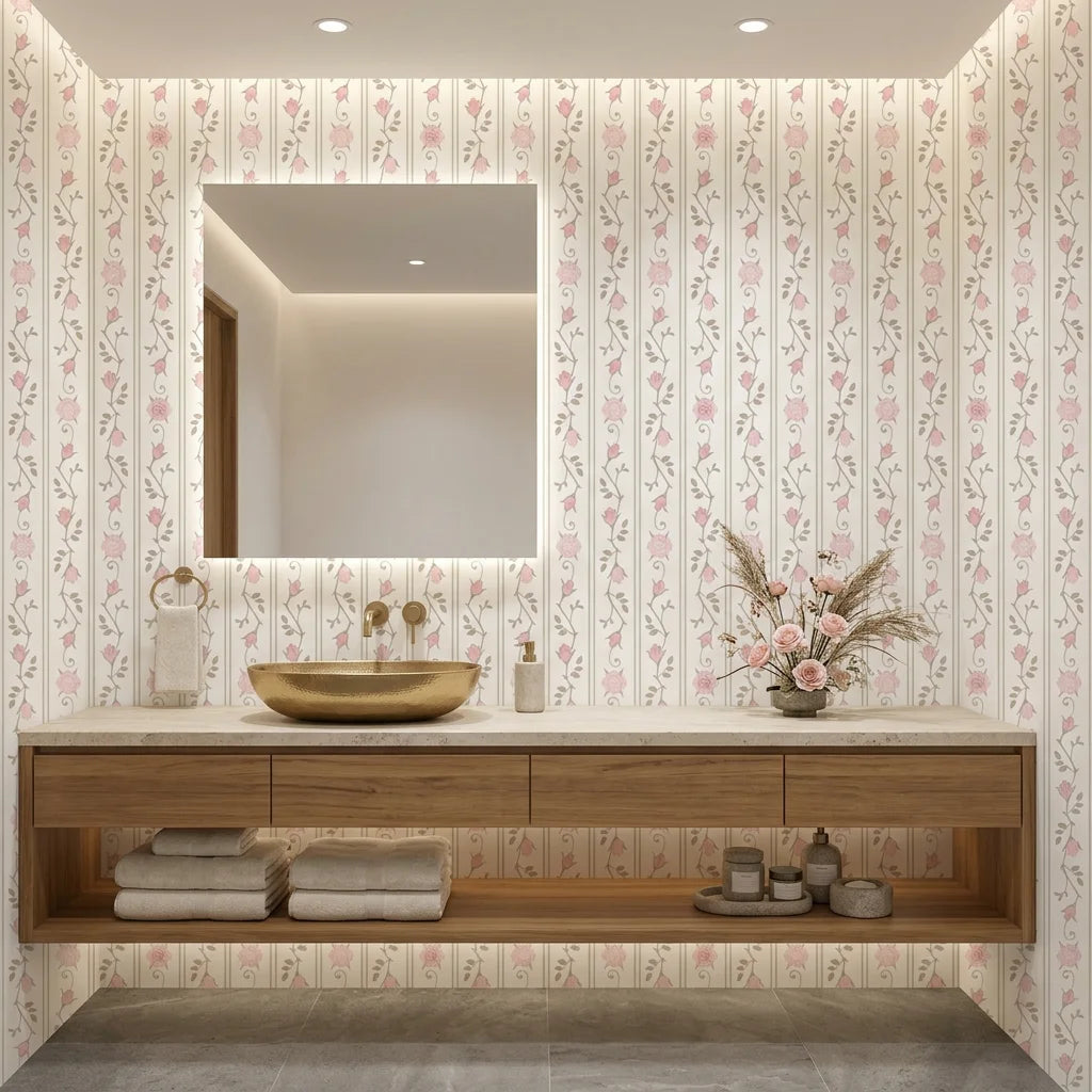 Blush Trellis soft pink roses on warm white creating ambiance in a serene bathroom