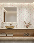 Blush Trellis soft pink roses on warm white creating ambiance in a serene bathroom