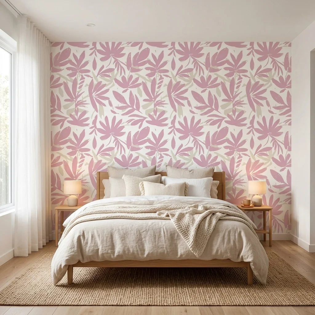 Blush Tropics pink botanical peel and stick wallpaper in a warm and inviting living room