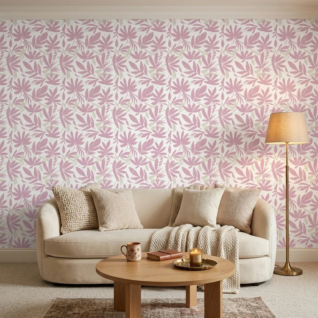 Blush Tropics pink botanical peel and stick wallpaper adding character to a cozy bedroom
