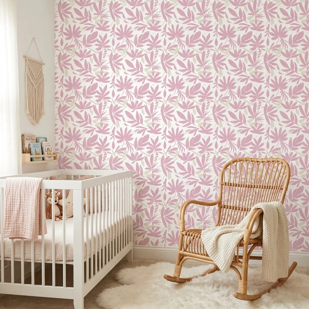 Blush Tropics pink botanical peel and stick wallpaper as a feature wall in a bright home office