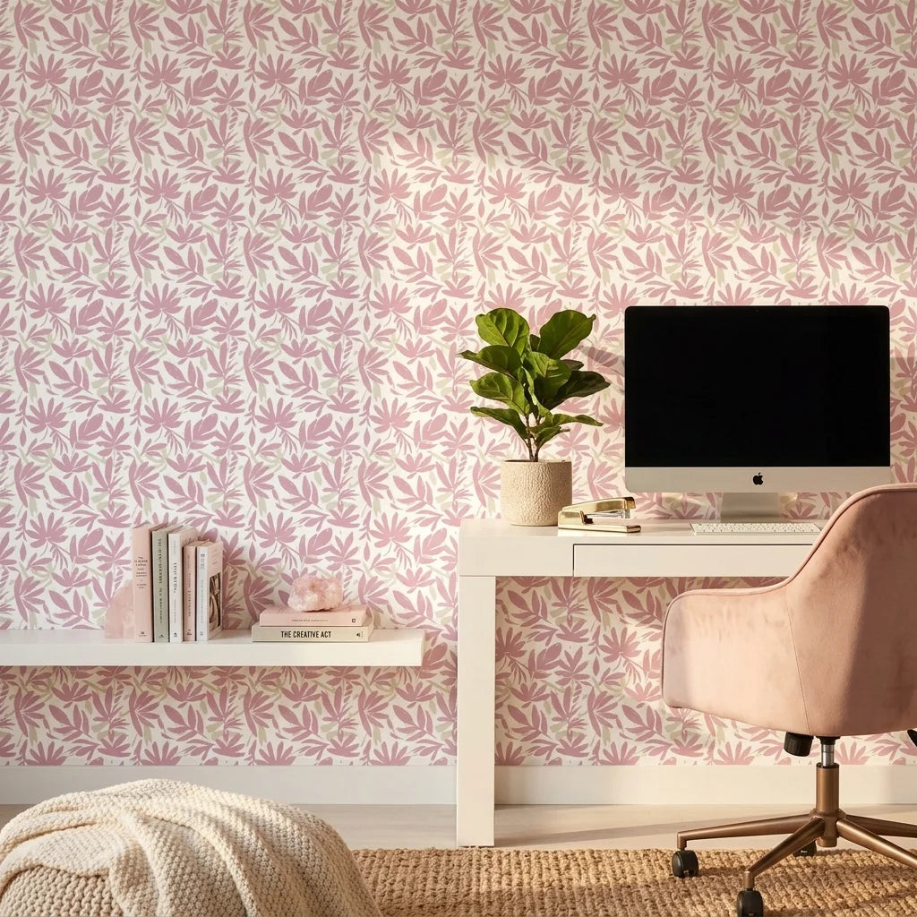 Blush Tropics pink botanical peel and stick wallpaper creating ambiance in a serene bathroom