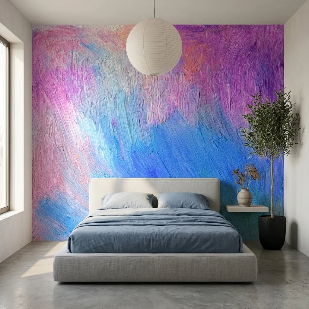 Blush & Blue pastel abstract brushstroke wallpaper in a warm and inviting living room