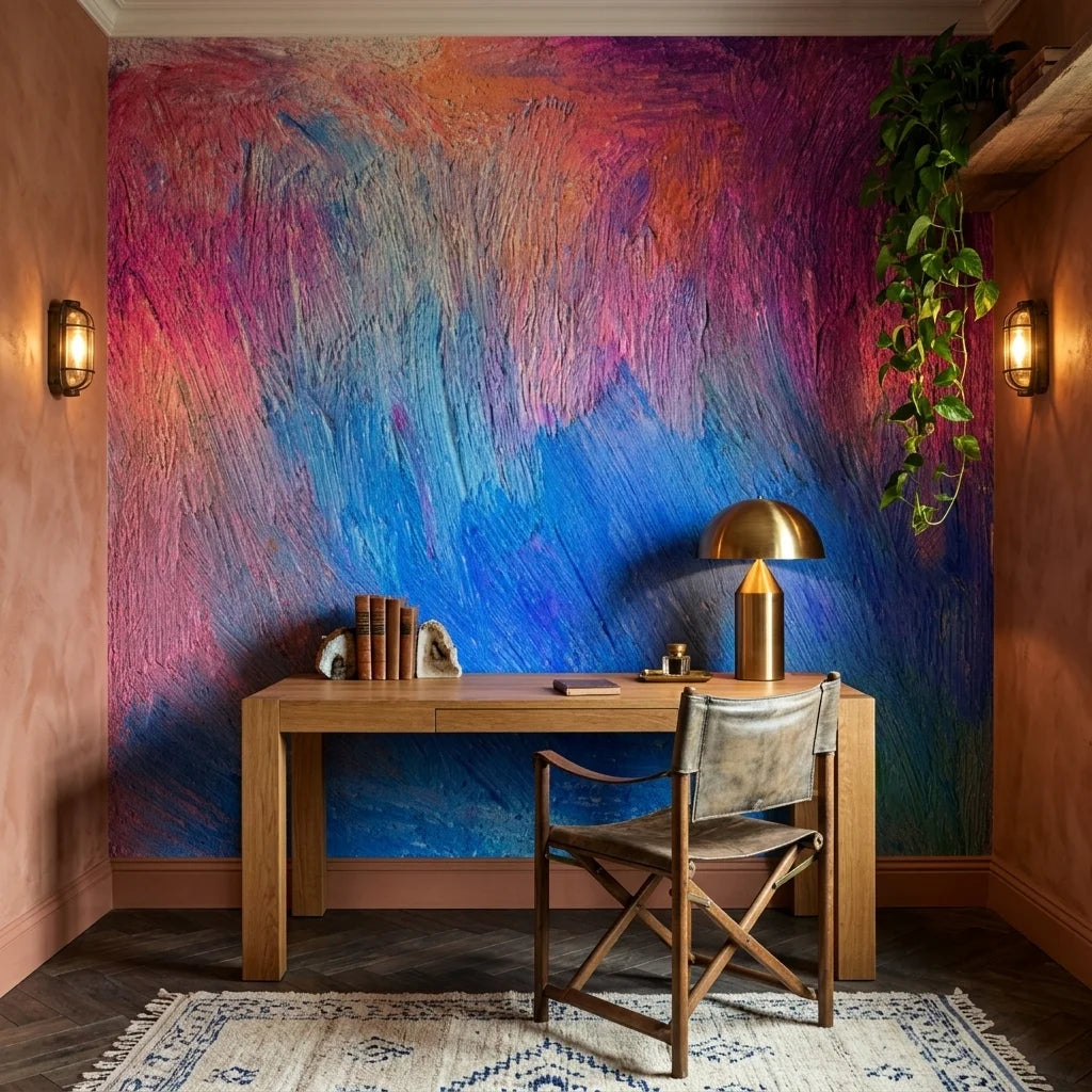 Blush & Blue pastel abstract brushstroke wallpaper adding character to a cozy bedroom