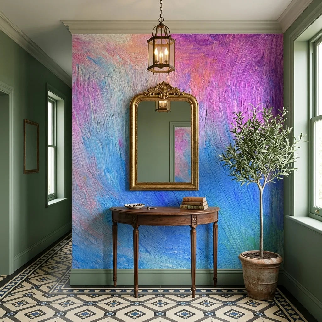 Blush & Blue pastel abstract brushstroke wallpaper as a feature wall in a bright home office
