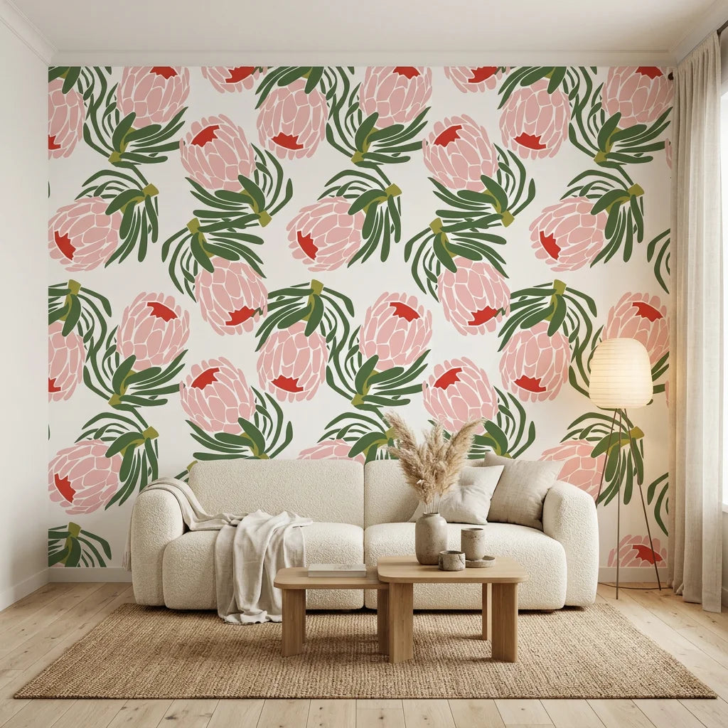 Blush &amp; Pine blush pink protea in a warm and inviting living room