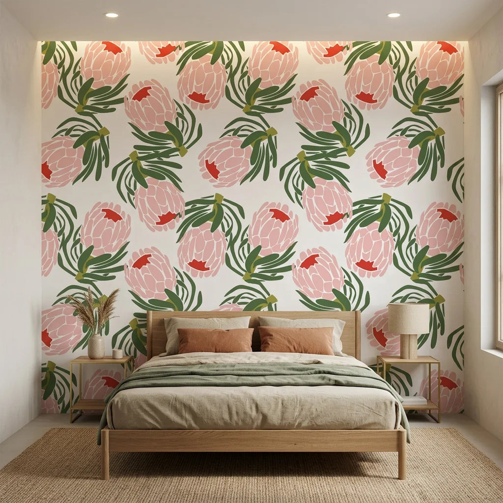 Blush &amp; Pine blush pink protea adding character to a cozy bedroom