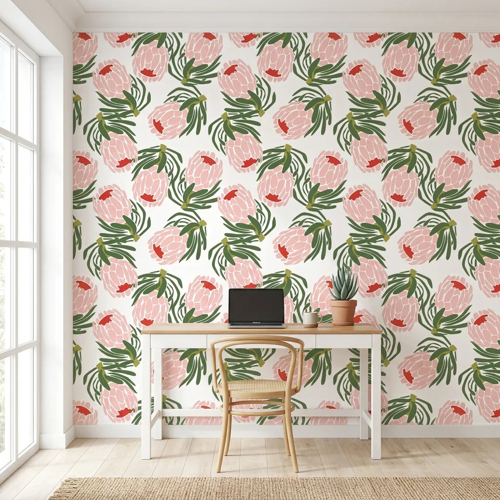 Blush &amp; Pine blush pink protea as a feature wall in a bright home office