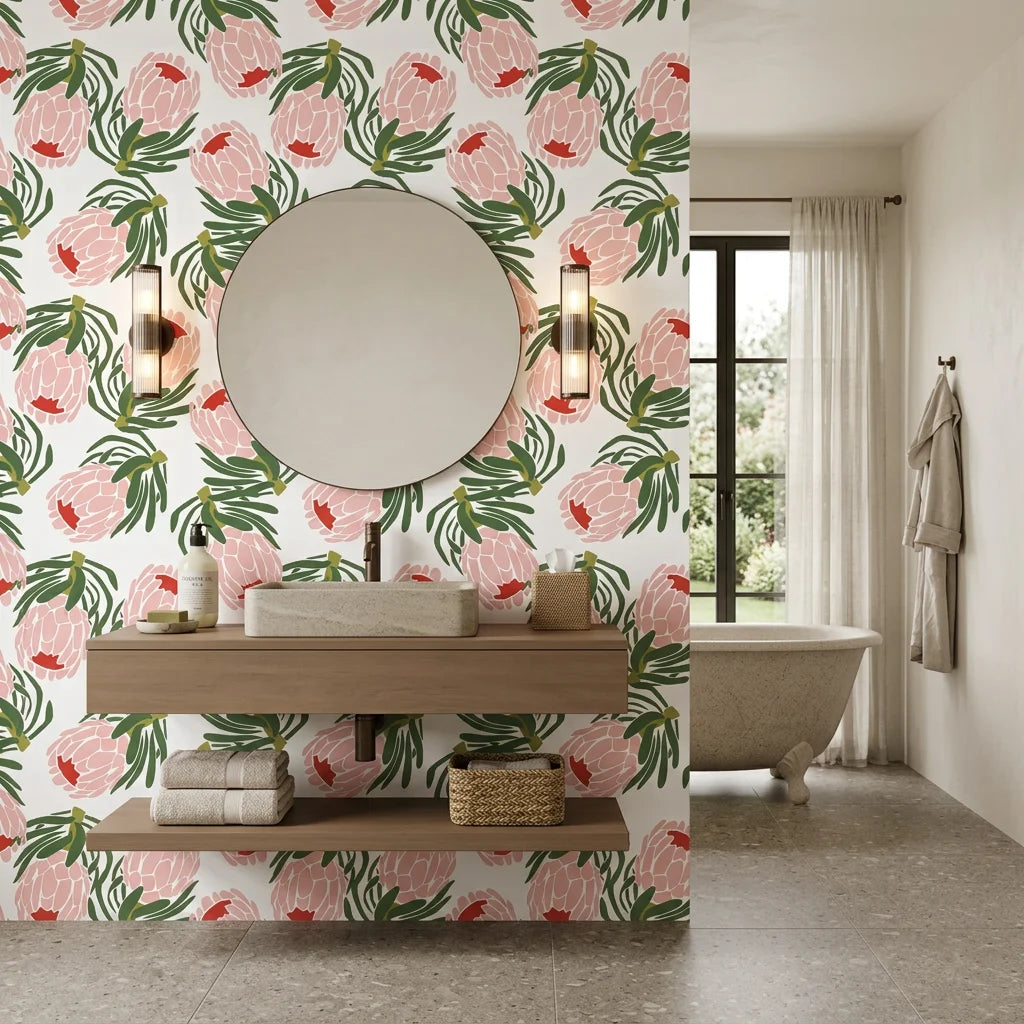 Blush &amp; Pine blush pink protea creating ambiance in a serene bathroom