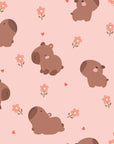 Cute brown capybara and pink flower peel and stick wallpaper - Blush Blooms