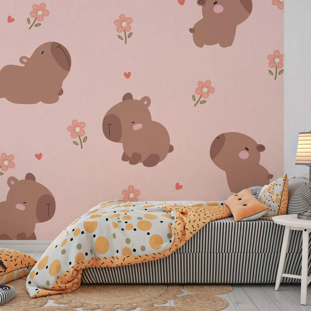 Whimsical capybara pattern with delicate rose-colored flowers on removable vinyl wallpaper - Blush Blooms