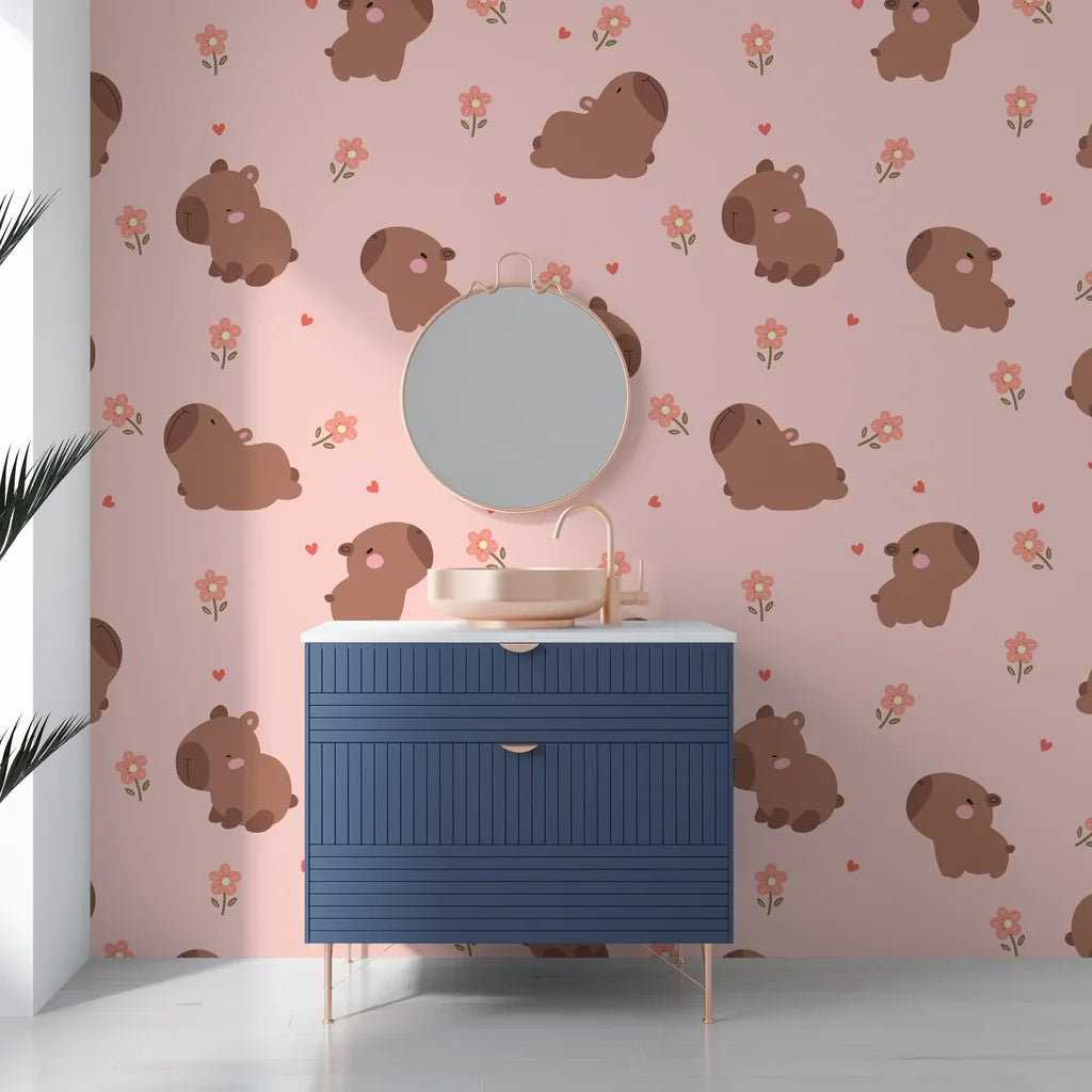 Charming nature-inspired wall covering featuring earthy-toned capybaras and pastel pink floral accents - Blush Blooms