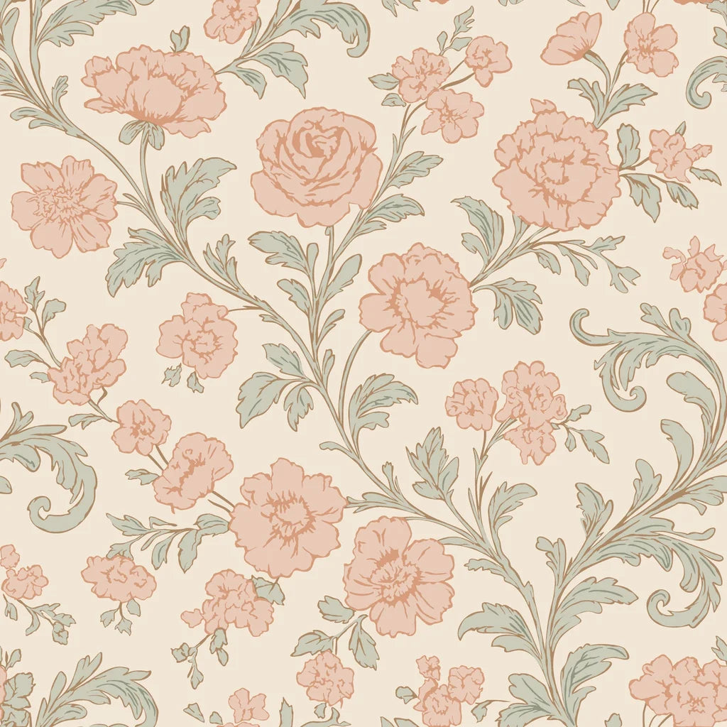 Vintage peel and stick wallpaper featuring a pink rose and sage green floral pattern, titled Blush Serenade