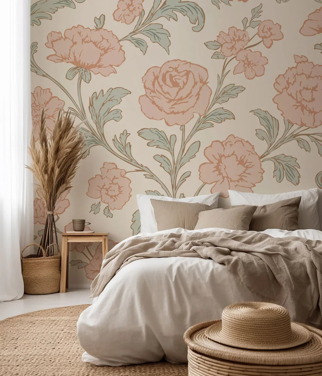 Peel and stick wallpaper in a vintage floral design, featuring blush pink roses and soft sage green details – Blush Serenade