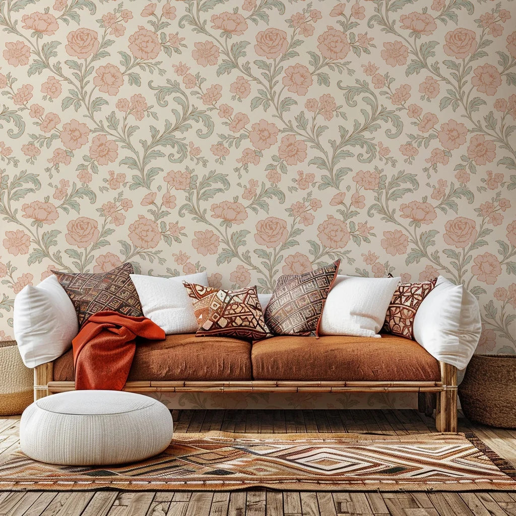 Self-adhesive wallpaper featuring a retro botanical pattern of soft pink roses and muted sage greenery