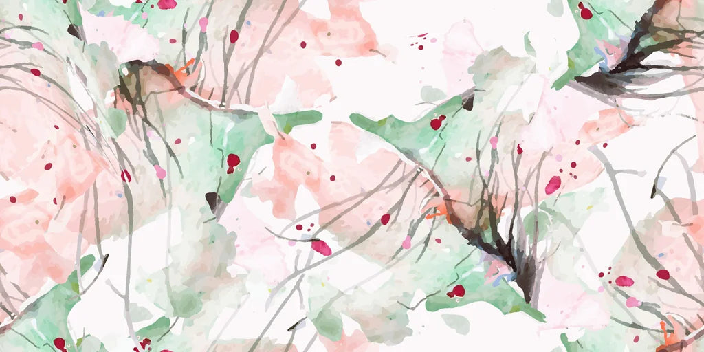 A wall covering featuring abstract aquarelle design with pink and green splatters – Blush Thicket