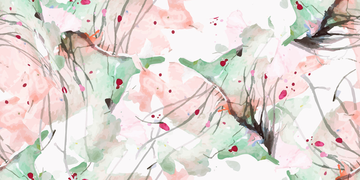 A wall covering featuring abstract aquarelle design with pink and green splatters – Blush Thicket