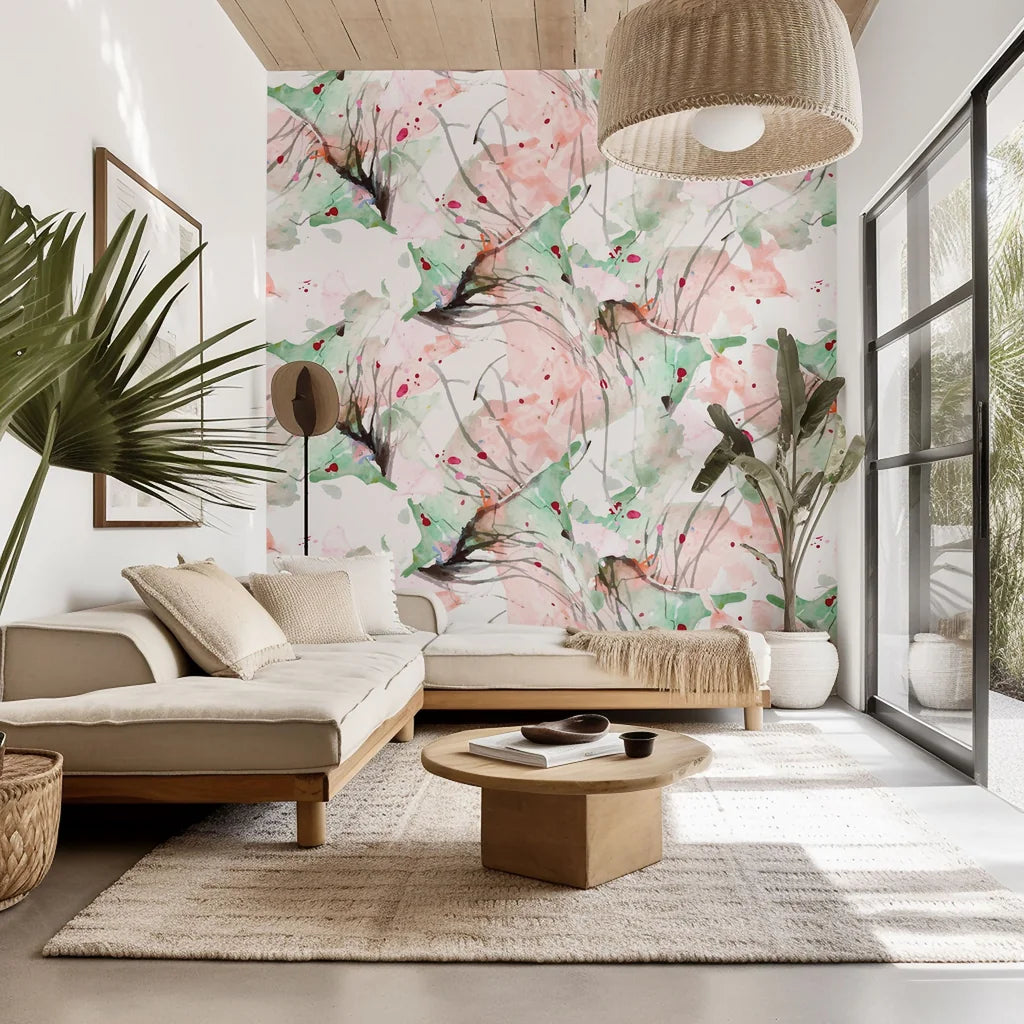 A wall covering featuring abstract watercolor pigments, including washes of pink and green, labeled Blush Thicket