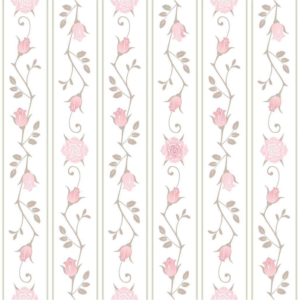 A warm white wallcovering featuring graceful vertical stripes composed of vintage-style arrangements, including pale rosy blooms and grayish-brown tendrils.