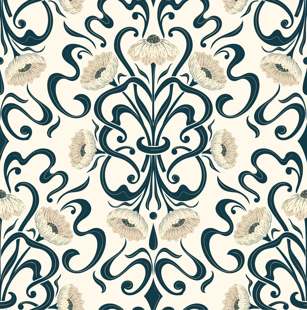 Blushed Fern Fantasy navy blue and cream art nouveau floral wallpaper
