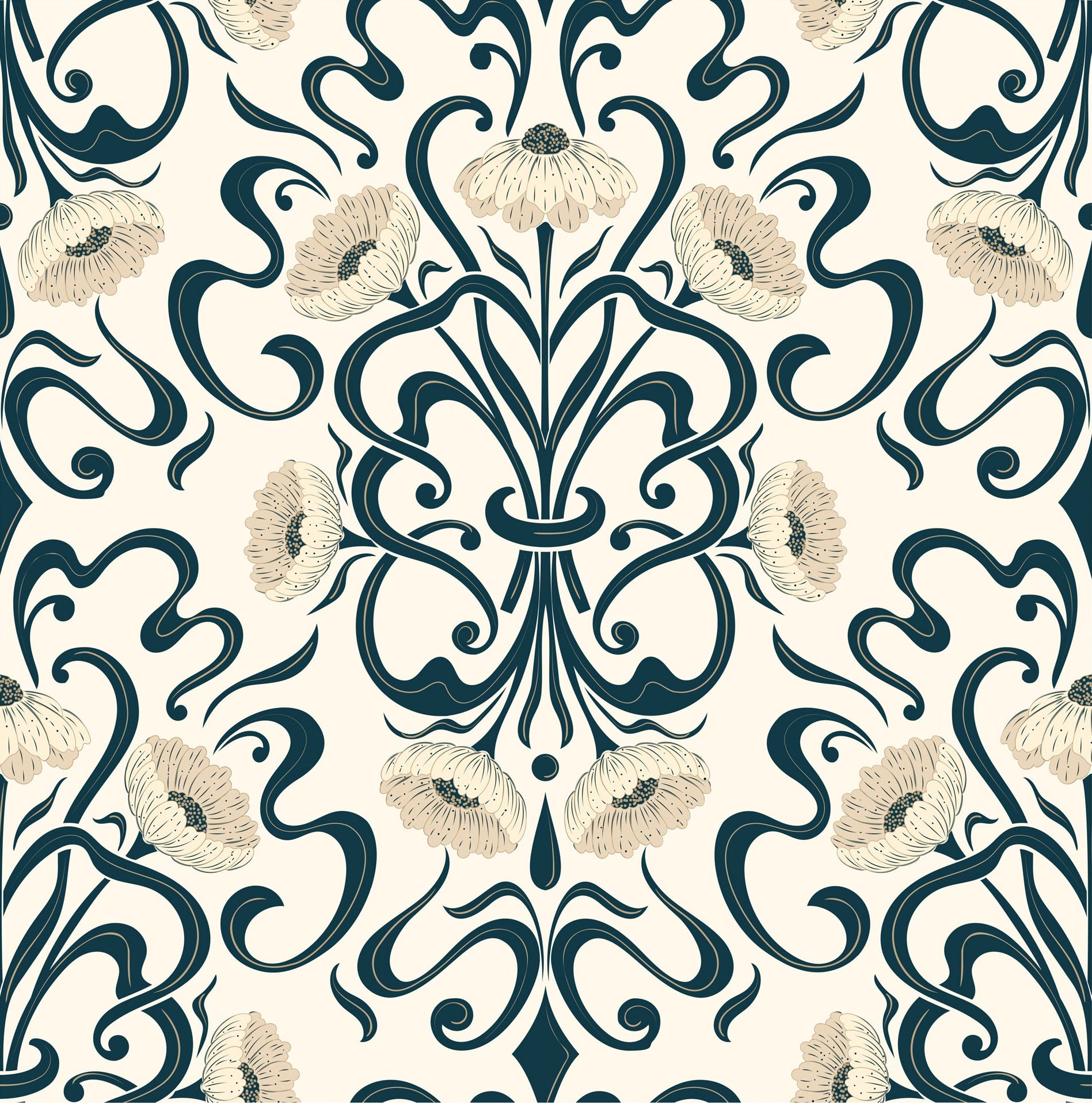 Ornate art nouveau floral wallpaper with flowing dark teal scrollwork and soft ivory blossoms on a porcelain cream background.