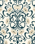 Ornate art nouveau floral wallpaper with flowing dark teal scrollwork and soft ivory blossoms on a porcelain cream background.