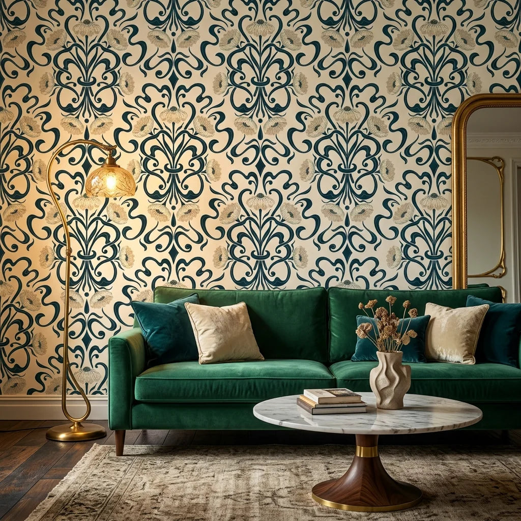 Blushed Fern Fantasy navy blue and cream art nouveau floral wallpaper in a warm and inviting living room