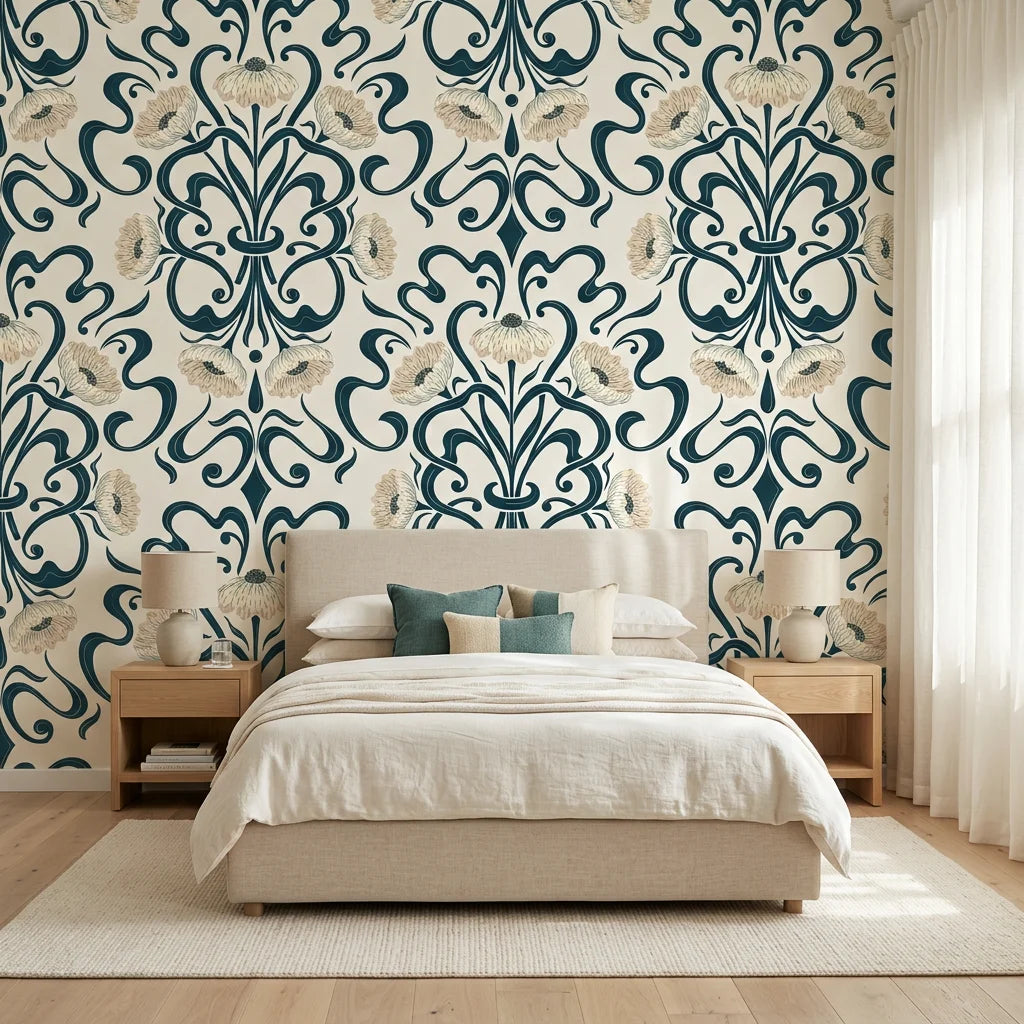 Blushed Fern Fantasy navy blue and cream art nouveau floral wallpaper adding character to a cozy bedroom