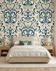Blushed Fern Fantasy navy blue and cream art nouveau floral wallpaper adding character to a cozy bedroom
