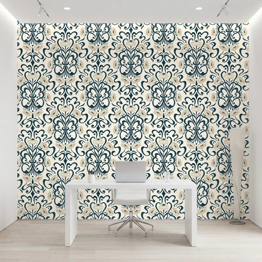 Blushed Fern Fantasy navy blue and cream art nouveau floral wallpaper as a feature wall in a bright home office