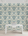 Blushed Fern Fantasy navy blue and cream art nouveau floral wallpaper as a feature wall in a bright home office