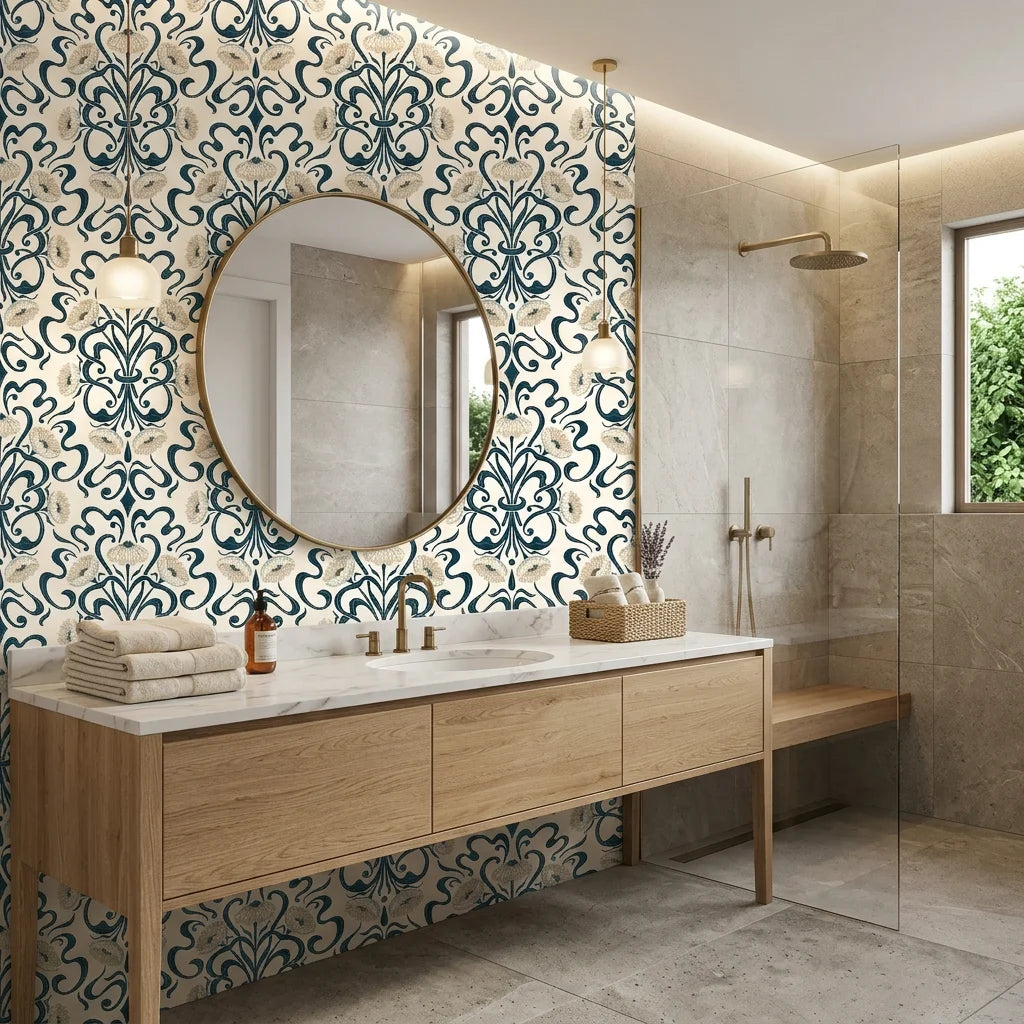 Blushed Fern Fantasy navy blue and cream art nouveau floral wallpaper creating ambiance in a serene bathroom