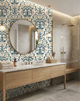 Blushed Fern Fantasy navy blue and cream art nouveau floral wallpaper creating ambiance in a serene bathroom