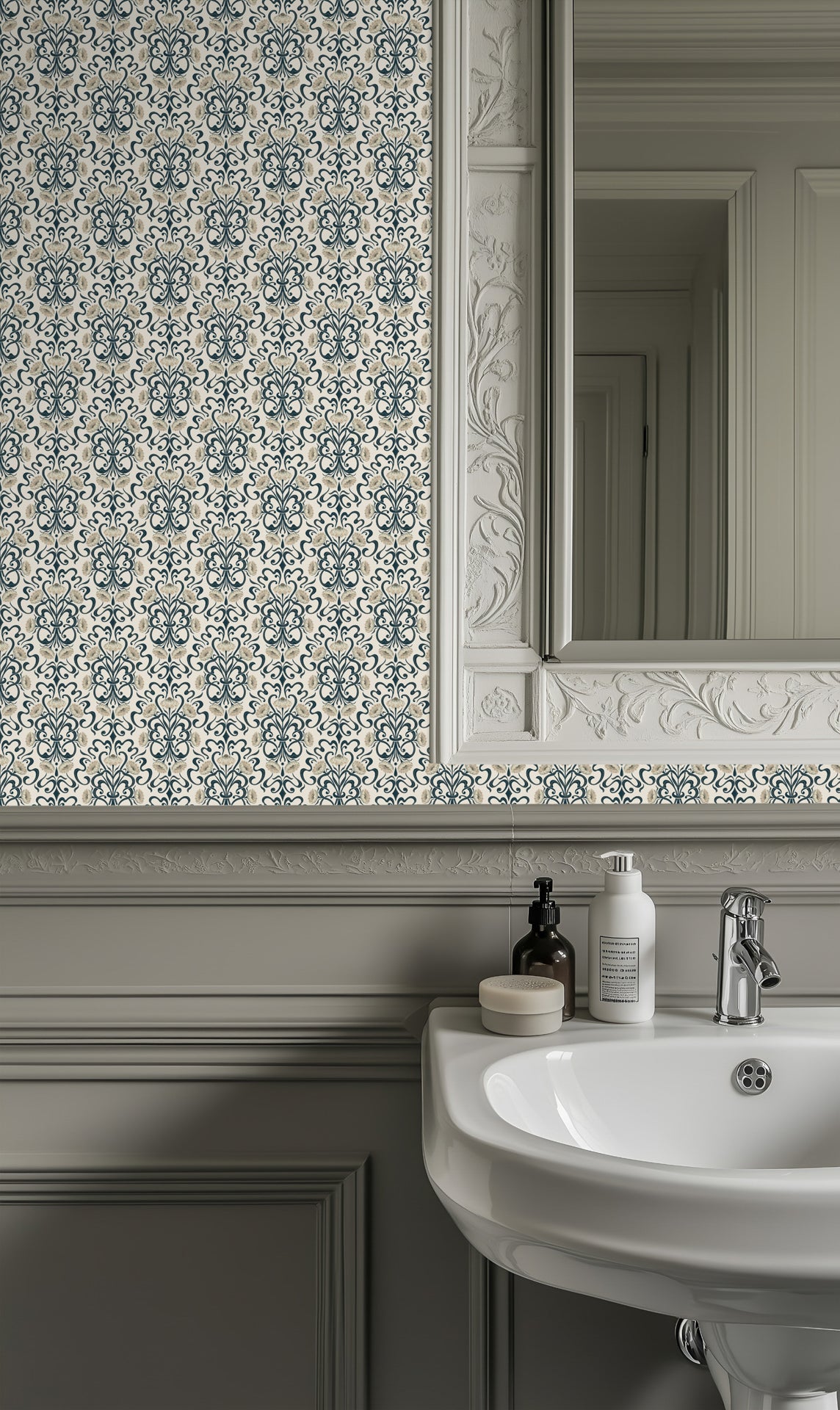 Ornate art nouveau floral wallpaper with flowing dark teal scrollwork and soft ivory blossoms on a porcelain cream background.