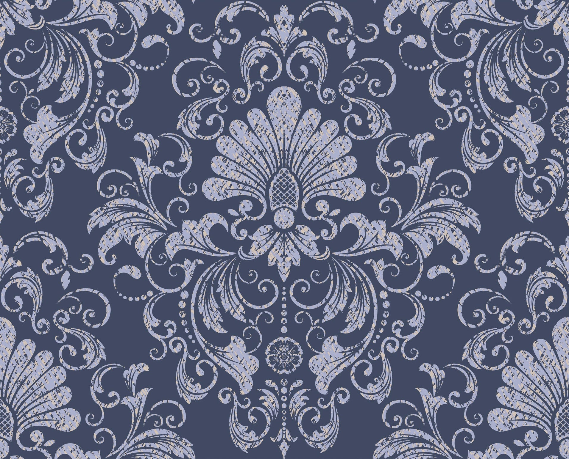 Vintage damask wallpaper with distressed ivory scrollwork and ornate floral motifs on a deep navy blue background.