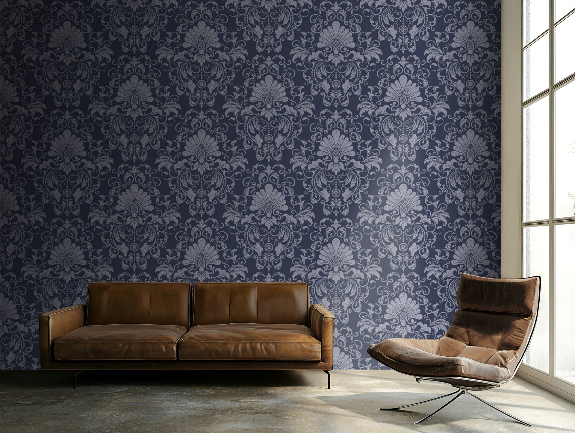 Vintage damask wallpaper with distressed ivory scrollwork and ornate floral motifs on a deep navy blue background.