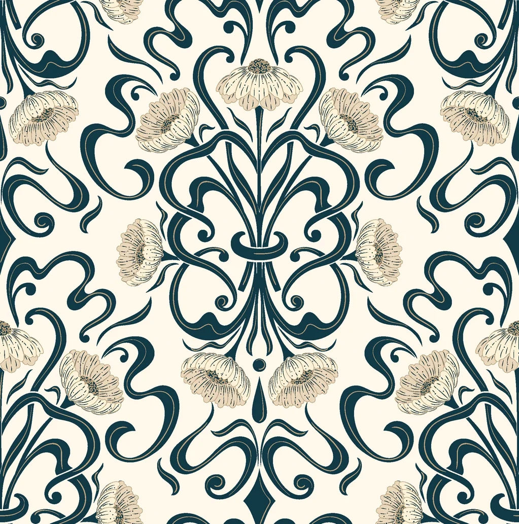 Art Nouveau Blushed Fern Fantasy wallpaper with teal scrollwork and cream poppy blooms on ivory background