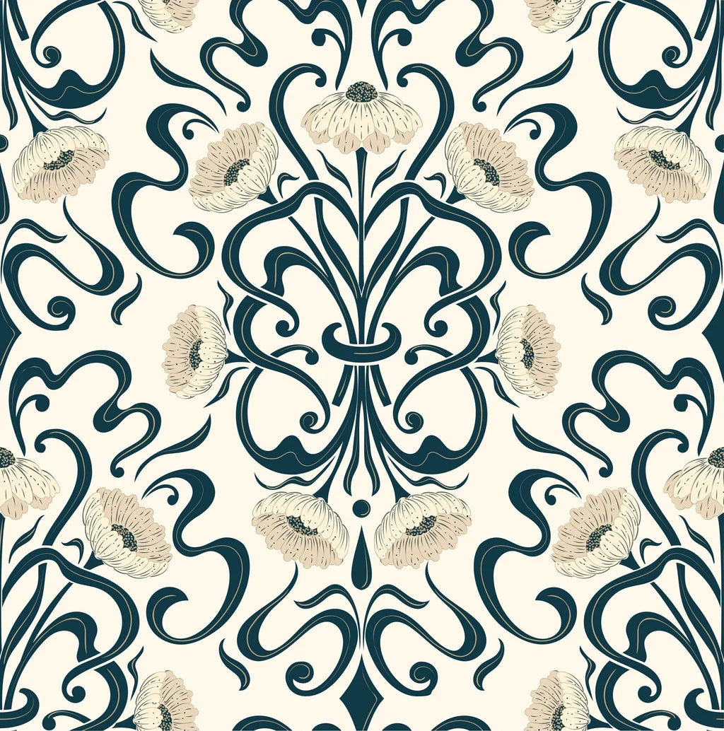 A porcelain cream wallpaper featuring intricate Art Nouveau florals, contrasted by dark teal flowing tendrils and soft ivory flowers