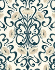 A porcelain cream wallpaper featuring intricate Art Nouveau florals, contrasted by dark teal flowing tendrils and soft ivory flowers