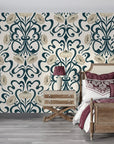 Soft ivory blooms and sweeping dark teal scrollwork decorate this elaborate Art Nouveau floral wallpaper, set against a porcelain-cream base.