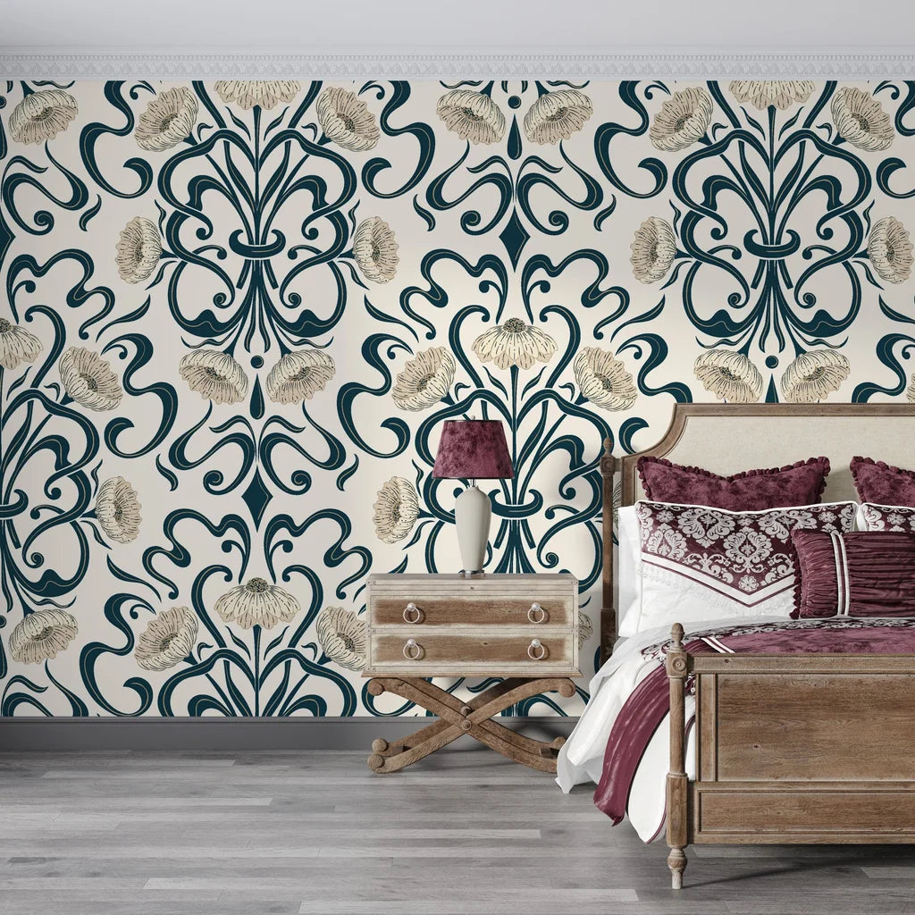 Teal and gold Art Nouveau Blushed Fern Fantasy wallpaper with flowing botanical damask pattern in styled bedroom