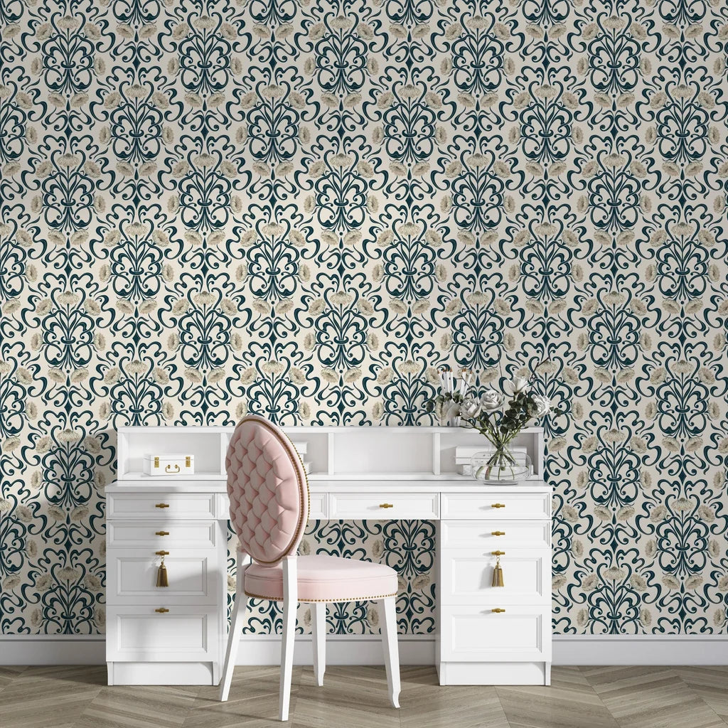 Blushed Fern Fantasy damask wallpaper on home office accent wall with white vintage desk