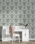 Blushed Fern Fantasy damask wallpaper on home office accent wall with white vintage desk
