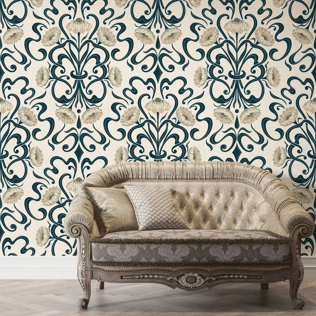 Teal and gold Blushed Fern Fantasy damask wallpaper behind tufted vintage settee in elegant room
