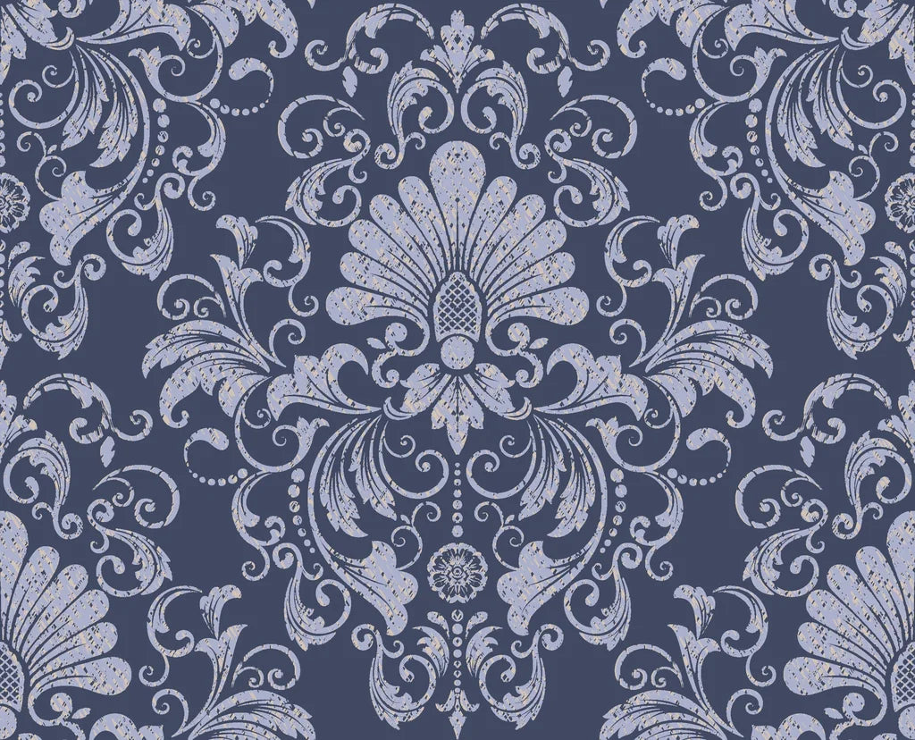 Elegant Blushed Whisper damask wallpaper in slate blue with silver ornate scrollwork and distressed texture
