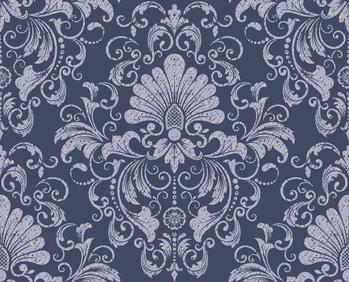 Elegant Blushed Whisper damask wallpaper in slate blue with silver ornate scrollwork and distressed texture