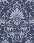 Elegant Blushed Whisper damask wallpaper in slate blue with silver ornate scrollwork and distressed texture