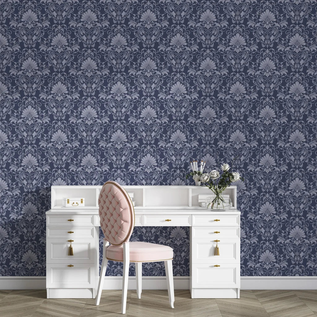 Navy and silver Blushed Whisper damask wallpaper on elegant home office accent wall with white vintage desk
